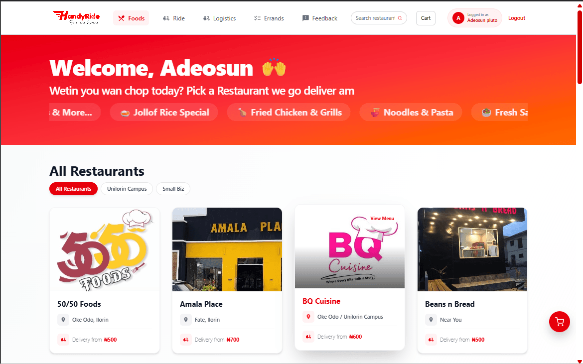 HandyRide Logistics & Food Ordering Platform